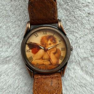 Vintage cherub angel round quartz watch w/braided leather band